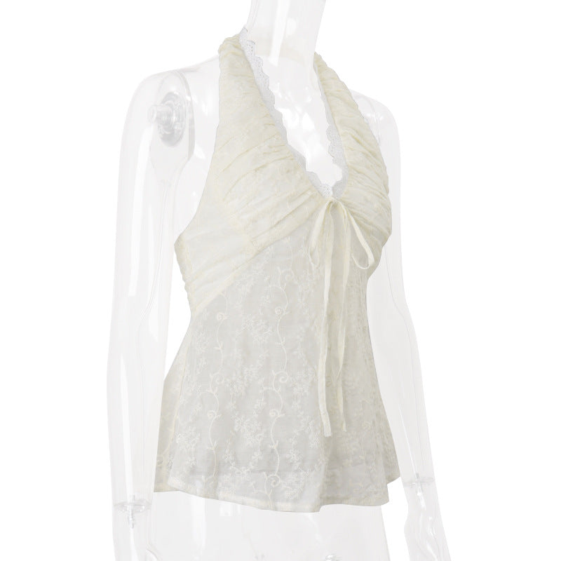 Enchanting Lace Halter Smocked Top - Romantic Boho Chic for Fall Layering & Escape