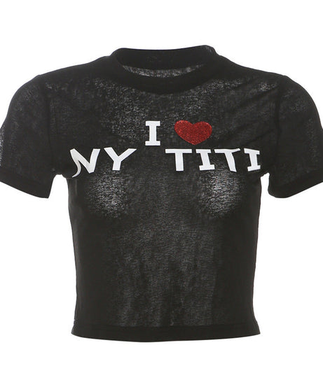 I ❤️ NY TITI" Sheer Crop Top | Edgy Graphic Tee for Bold Fall Style