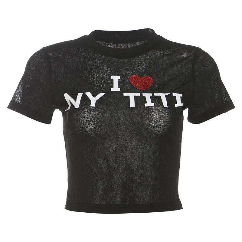 I ❤️ NY TITI" Sheer Crop Top | Edgy Graphic Tee for Bold Fall Style