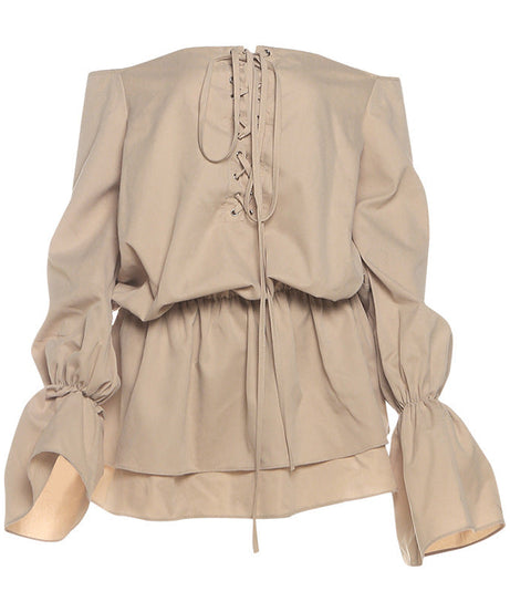 Effortless Fall Chic: Off-Shoulder Lace-Up Mini Dress with Statement Flared Sleeves