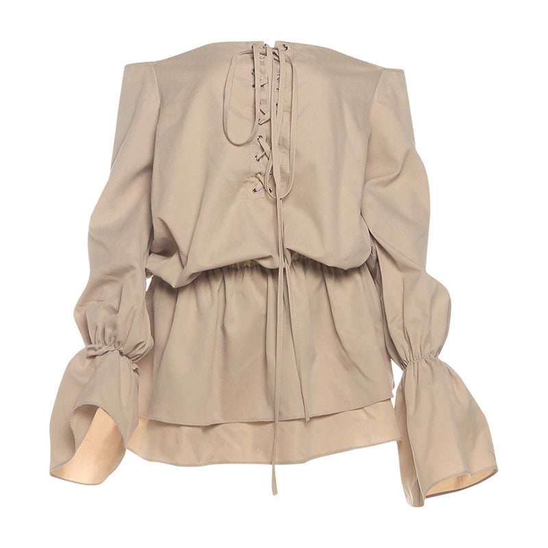 Effortless Fall Chic: Off-Shoulder Lace-Up Mini Dress with Statement Flared Sleeves