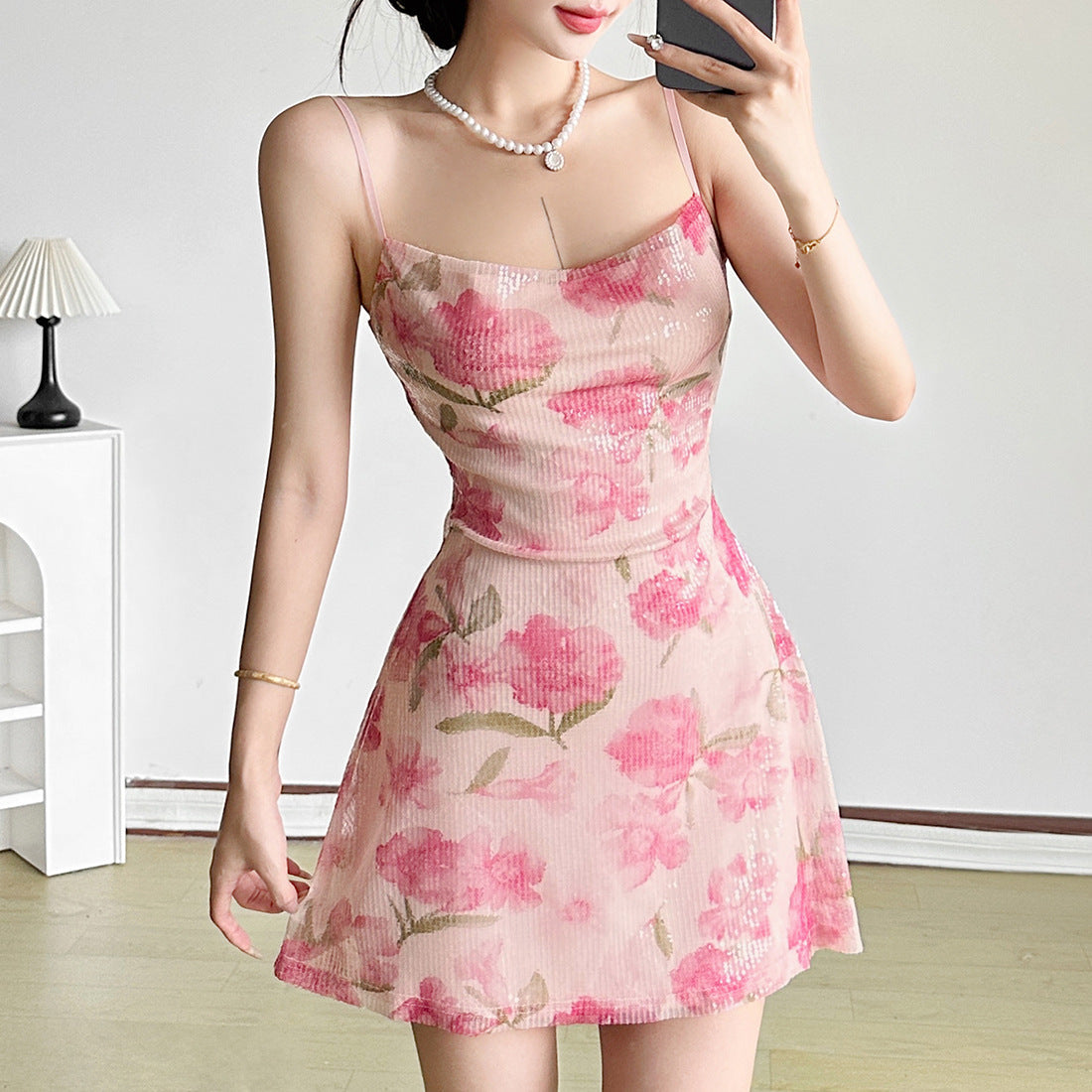 Radiant Pink Floral Sparkle Mini Dress – Your Go-To for Date Nights & Festive Events