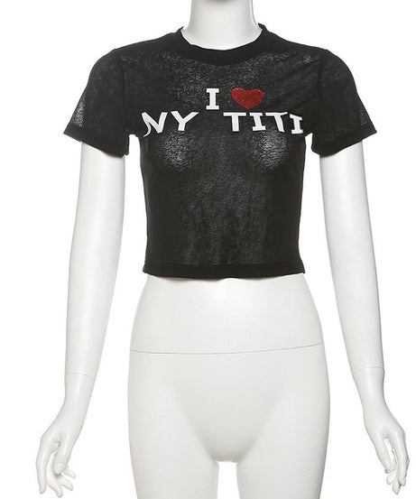 I ❤️ NY TITI" Sheer Crop Top | Edgy Graphic Tee for Bold Fall Style