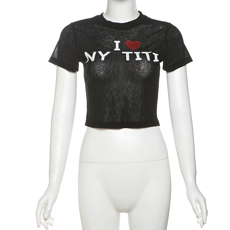 I ❤️ NY TITI" Sheer Crop Top | Edgy Graphic Tee for Bold Fall Style