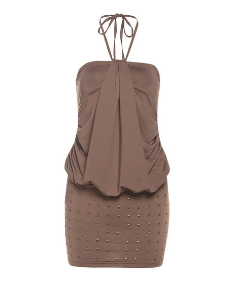 Sultry Halter Ruched Studded Mini Dress - Your Fall Night Out Essential