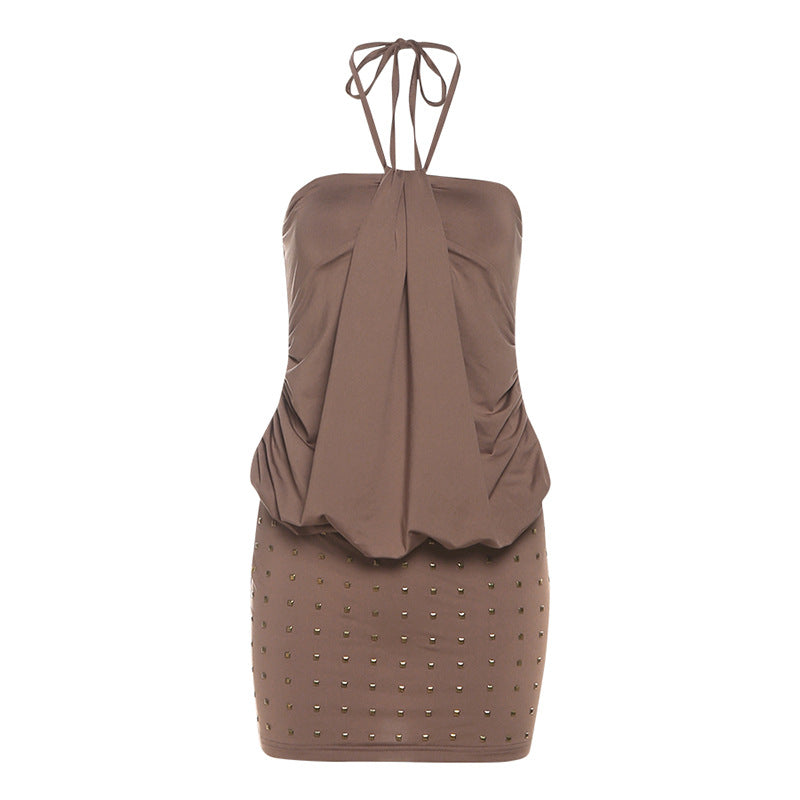 Sultry Halter Ruched Studded Mini Dress - Your Fall Night Out Essential