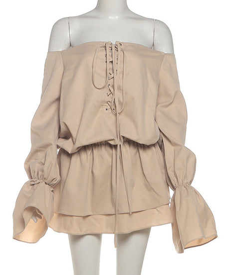 Effortless Fall Chic: Off-Shoulder Lace-Up Mini Dress with Statement Flared Sleeves