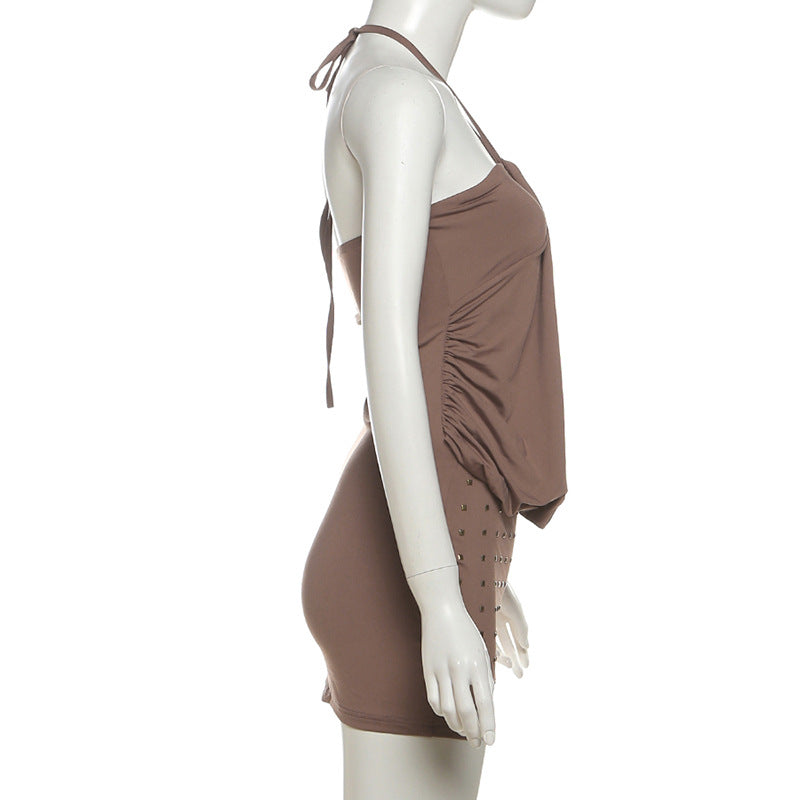 Sultry Halter Ruched Studded Mini Dress - Your Fall Night Out Essential