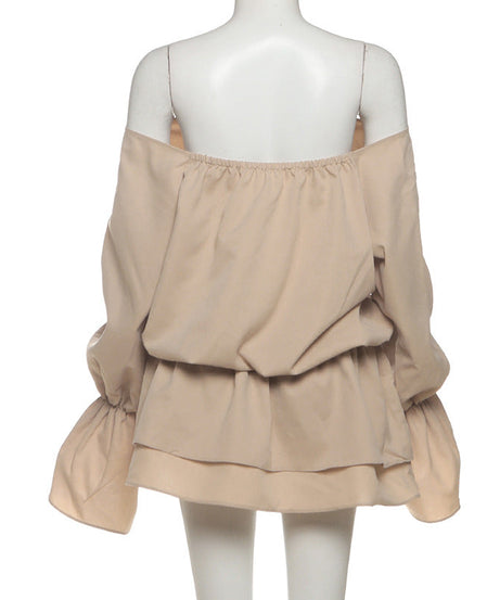 Effortless Fall Chic: Off-Shoulder Lace-Up Mini Dress with Statement Flared Sleeves