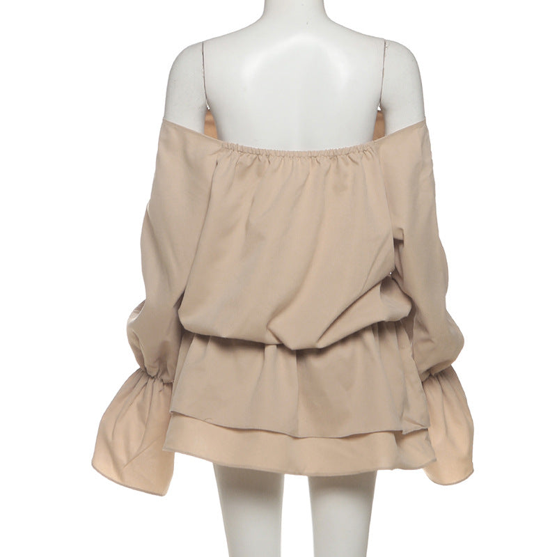 Effortless Fall Chic: Off-Shoulder Lace-Up Mini Dress with Statement Flared Sleeves