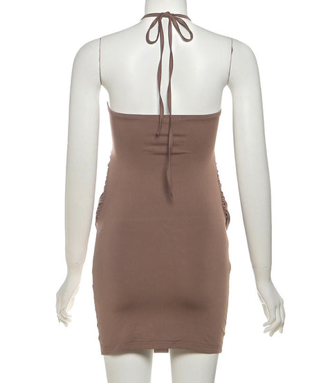 Sultry Halter Ruched Studded Mini Dress - Your Fall Night Out Essential