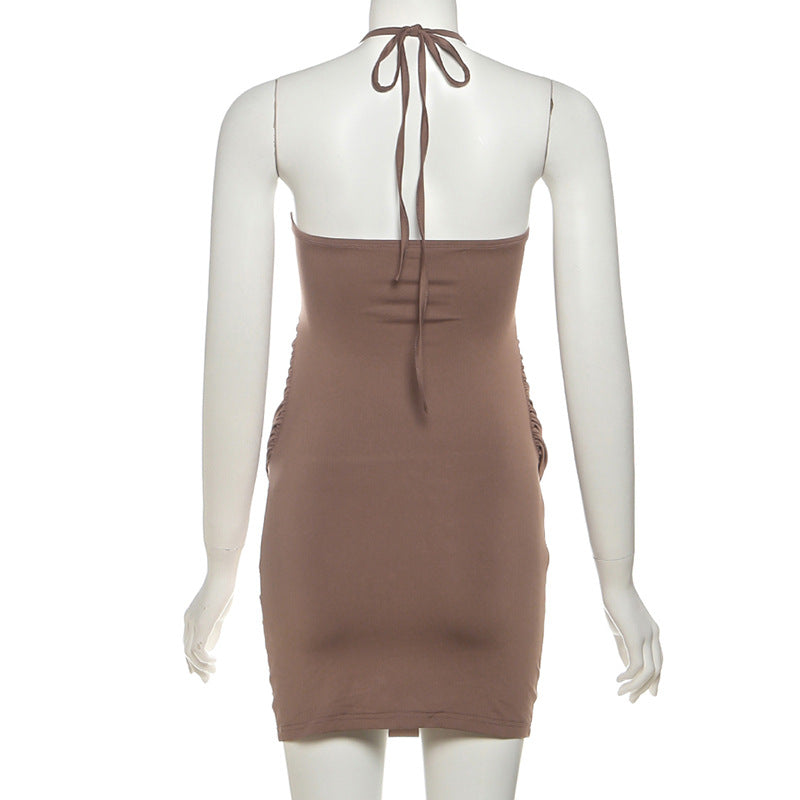 Sultry Halter Ruched Studded Mini Dress - Your Fall Night Out Essential