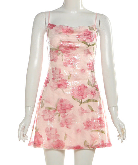Radiant Pink Floral Sparkle Mini Dress – Your Go-To for Date Nights & Festive Events