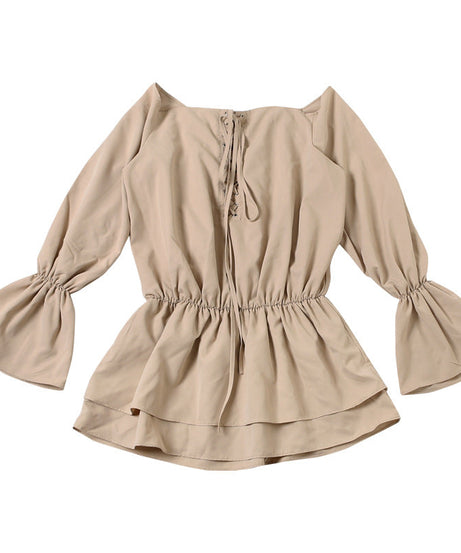 Effortless Fall Chic: Off-Shoulder Lace-Up Mini Dress with Statement Flared Sleeves