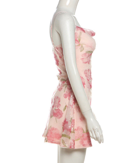 Radiant Pink Floral Sparkle Mini Dress – Your Go-To for Date Nights & Festive Events