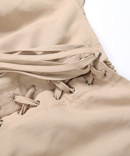 Effortless Fall Chic: Off-Shoulder Lace-Up Mini Dress with Statement Flared Sleeves