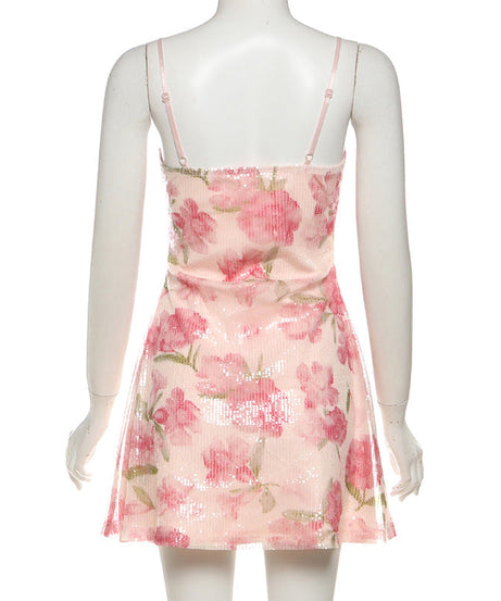 Radiant Pink Floral Sparkle Mini Dress – Your Go-To for Date Nights & Festive Events