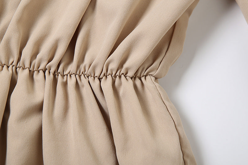 Effortless Fall Chic: Off-Shoulder Lace-Up Mini Dress with Statement Flared Sleeves