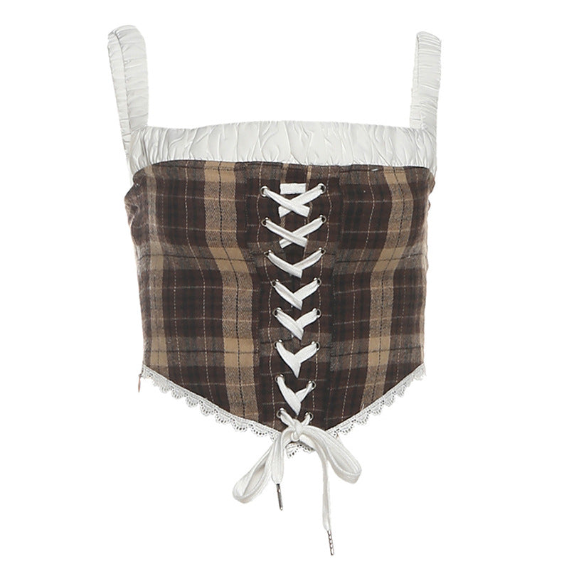 Autumn Plaid Lace-Up Corset Cami Top | Chic Ruffled Bustier for Fall