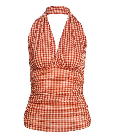 Vintage Charm Red Gingham Ruched Halter Top - Flattering Fall Style & Vacation Ready