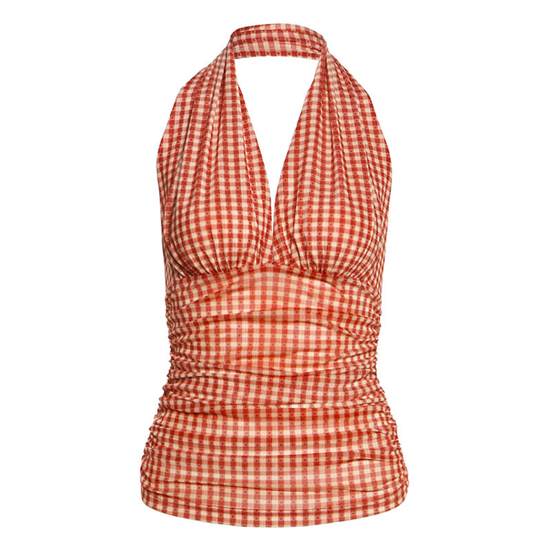Vintage Charm Red Gingham Ruched Halter Top - Flattering Fall Style & Vacation Ready