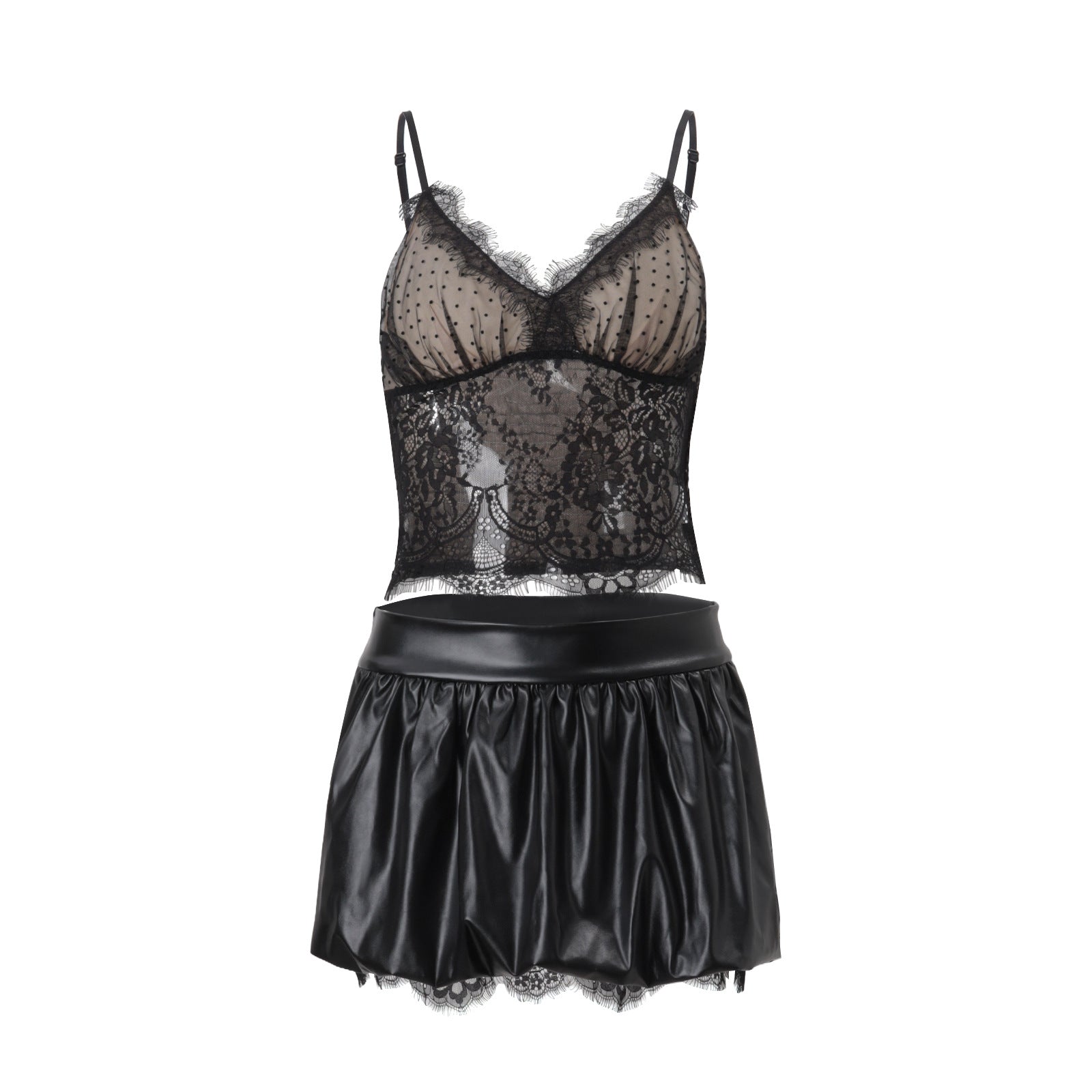 Sultry Black Faux Leather Bubble Mini Skirt with Lace Trim – Fall & Halloween Party Ready