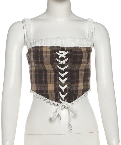 Autumn Plaid Lace-Up Corset Cami Top | Chic Ruffled Bustier for Fall