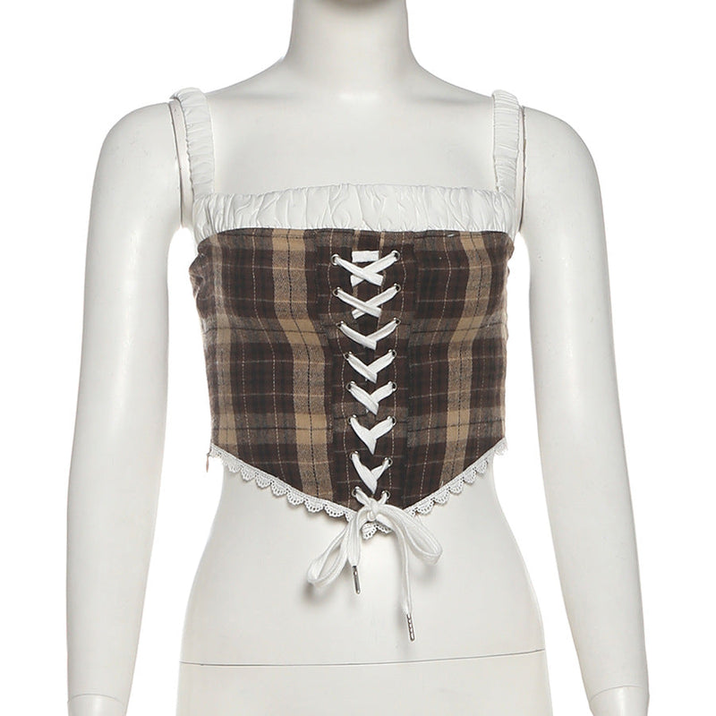 Autumn Plaid Lace-Up Corset Cami Top | Chic Ruffled Bustier for Fall