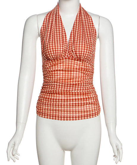 Vintage Charm Red Gingham Ruched Halter Top - Flattering Fall Style & Vacation Ready