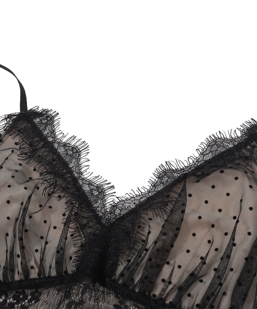 Fall's Must-Have: Elegant Black Polka Dot & Lace Cami Top – Layering Essential & Date Night Chic