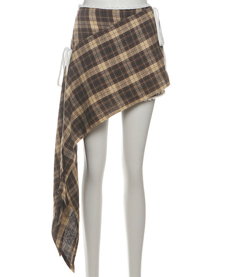 Effortless Fall Style: Chic Plaid Asymmetrical Mini Skirt with Lace Trim & Side Ties