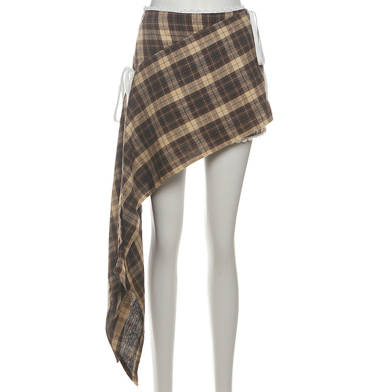 Effortless Fall Style: Chic Plaid Asymmetrical Mini Skirt with Lace Trim & Side Ties