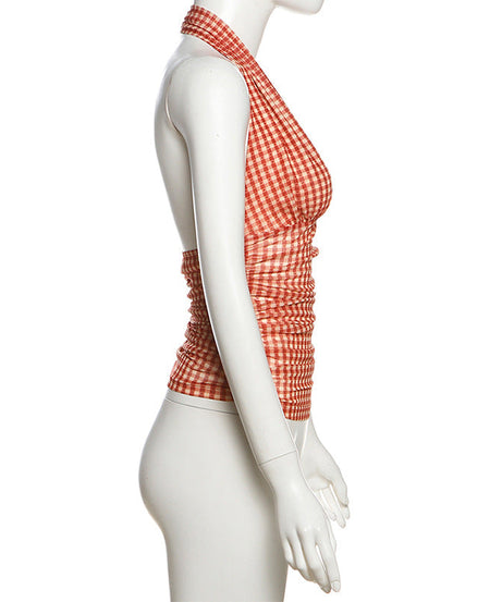 Vintage Charm Red Gingham Ruched Halter Top - Flattering Fall Style & Vacation Ready