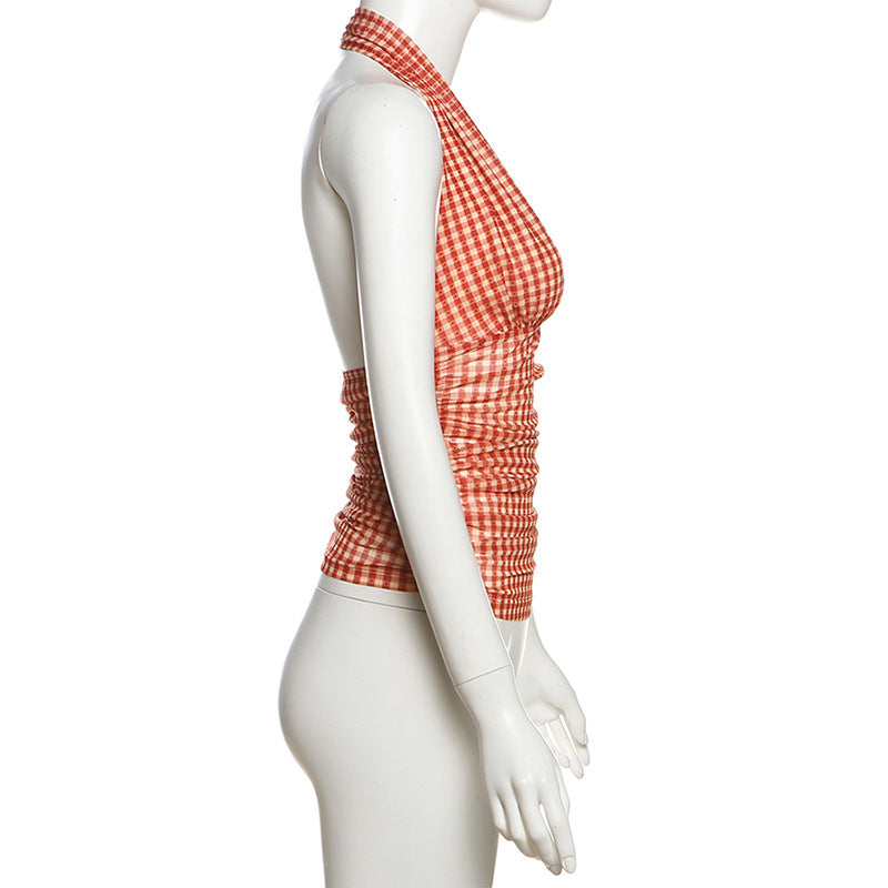 Vintage Charm Red Gingham Ruched Halter Top - Flattering Fall Style & Vacation Ready