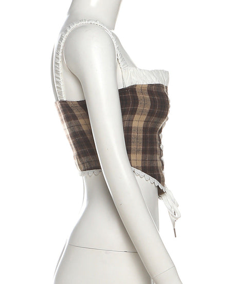 Autumn Plaid Lace-Up Corset Cami Top | Chic Ruffled Bustier for Fall