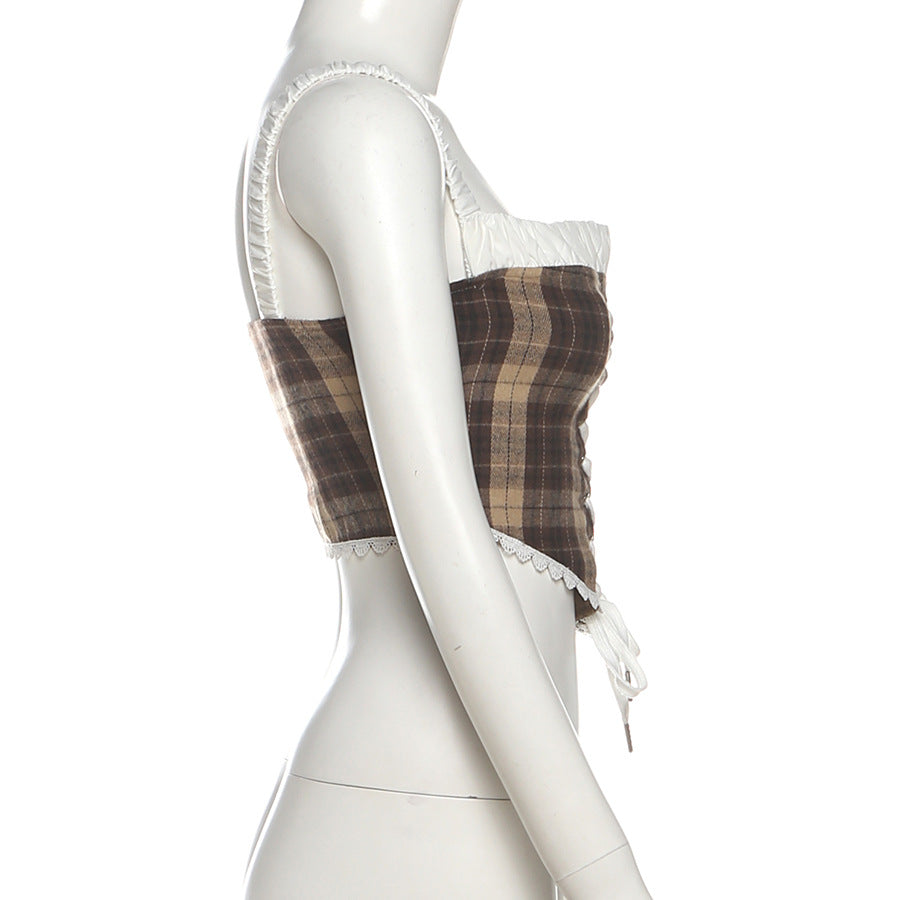 Autumn Plaid Lace-Up Corset Cami Top | Chic Ruffled Bustier for Fall
