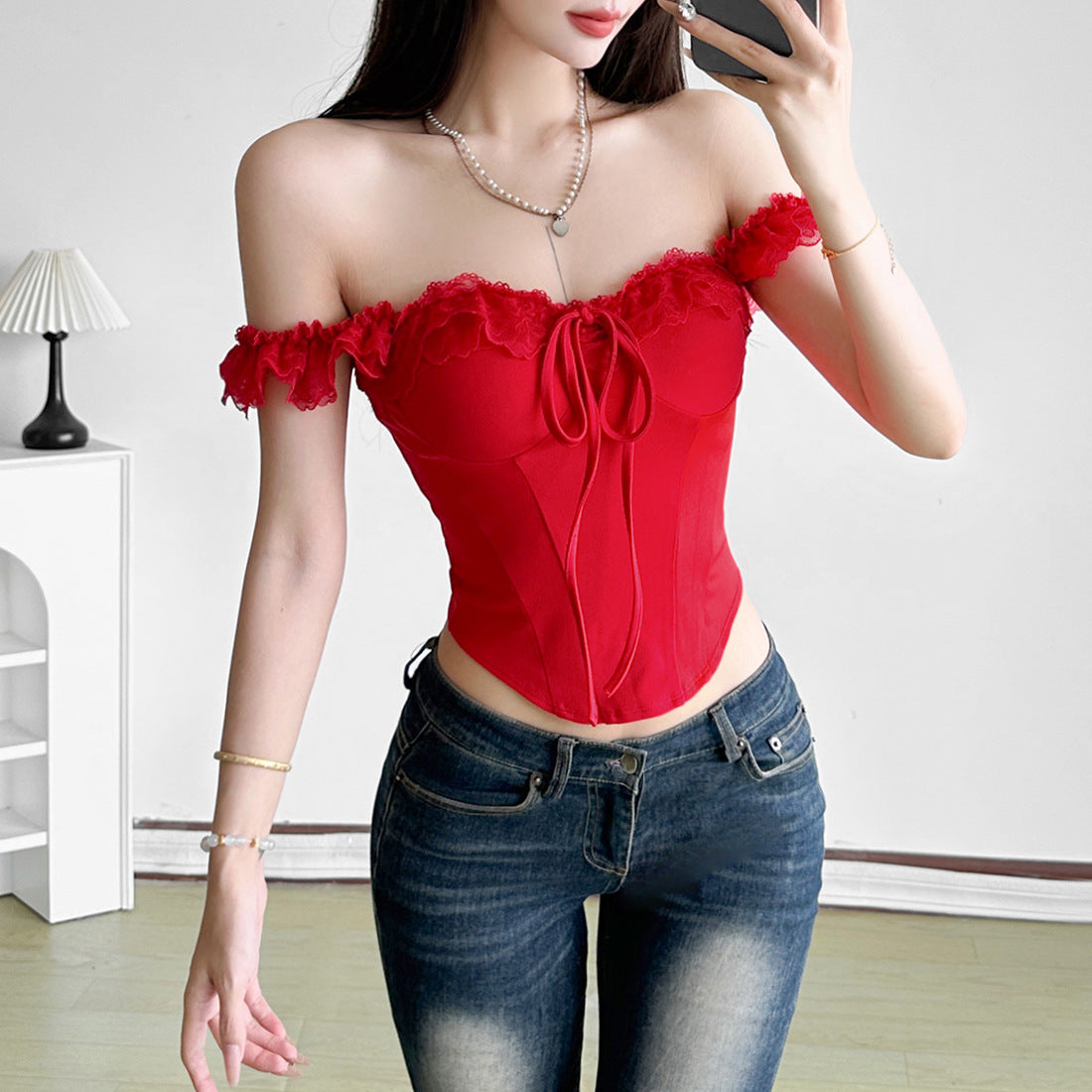 Red Hot Chic! Off-Shoulder Lace Corset Top – Your Fall & Holiday Party Essential