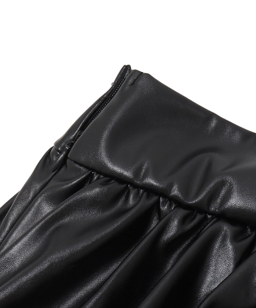 Sultry Black Faux Leather Bubble Mini Skirt with Lace Trim – Fall & Halloween Party Ready