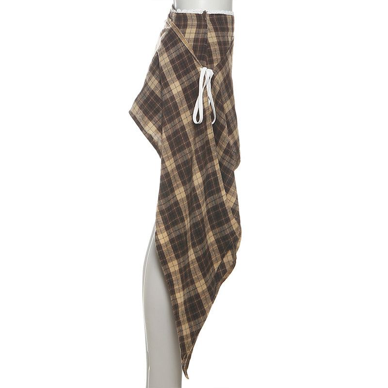Effortless Fall Style: Chic Plaid Asymmetrical Mini Skirt with Lace Trim & Side Ties