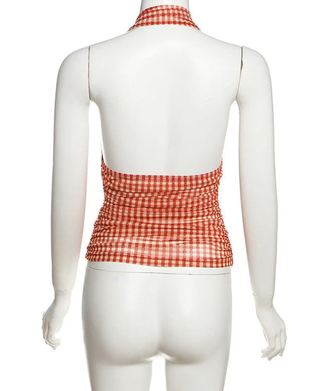 Vintage Charm Red Gingham Ruched Halter Top - Flattering Fall Style & Vacation Ready