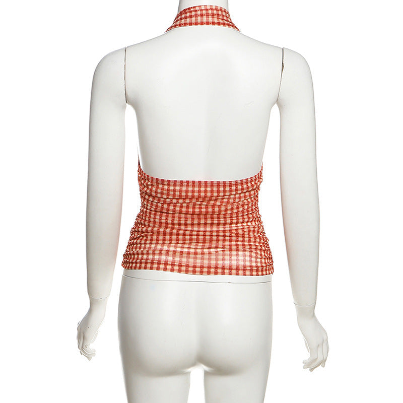 Vintage Charm Red Gingham Ruched Halter Top - Flattering Fall Style & Vacation Ready