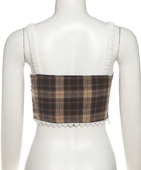 Autumn Plaid Lace-Up Corset Cami Top | Chic Ruffled Bustier for Fall