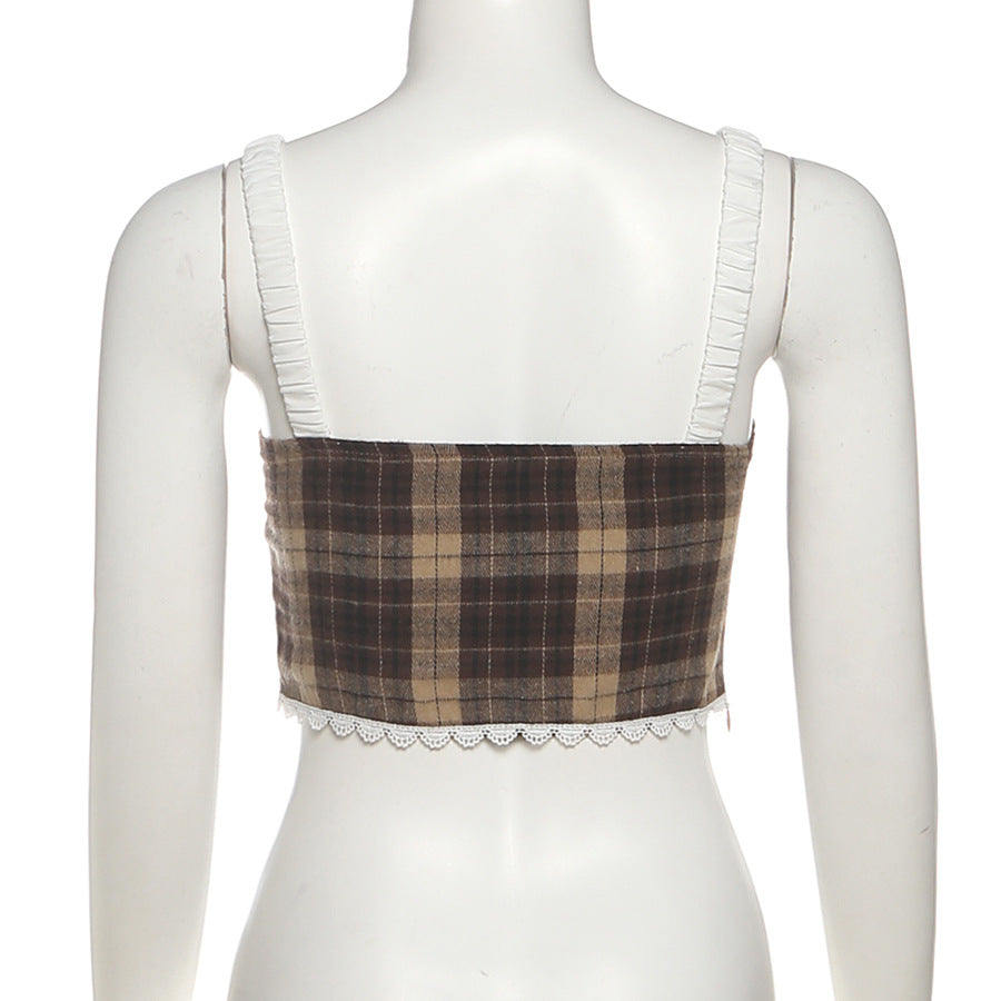 Autumn Plaid Lace-Up Corset Cami Top | Chic Ruffled Bustier for Fall