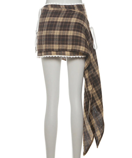 Effortless Fall Style: Chic Plaid Asymmetrical Mini Skirt with Lace Trim & Side Ties