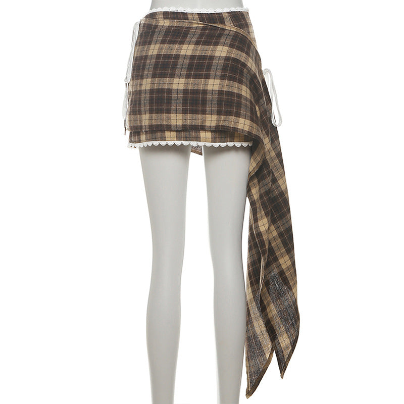 Effortless Fall Style: Chic Plaid Asymmetrical Mini Skirt with Lace Trim & Side Ties