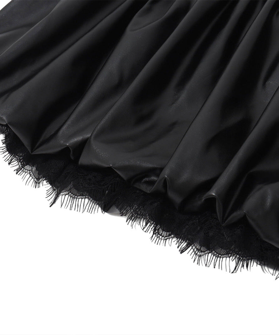 Sultry Black Faux Leather Bubble Mini Skirt with Lace Trim – Fall & Halloween Party Ready