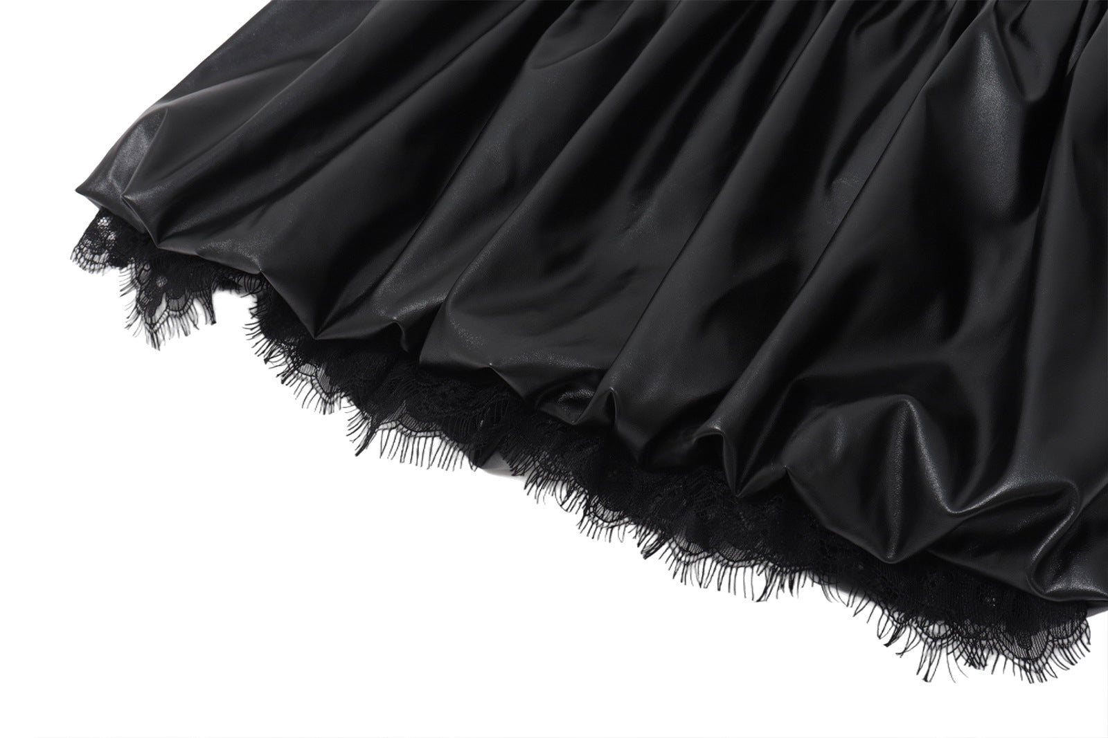 Sultry Black Faux Leather Bubble Mini Skirt with Lace Trim – Fall & Halloween Party Ready