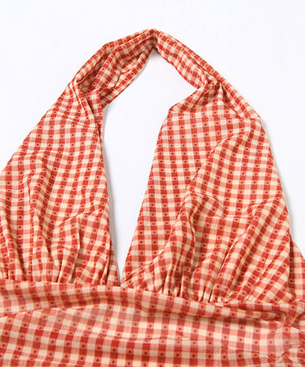 Vintage Charm Red Gingham Ruched Halter Top - Flattering Fall Style & Vacation Ready