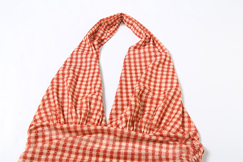 Vintage Charm Red Gingham Ruched Halter Top - Flattering Fall Style & Vacation Ready