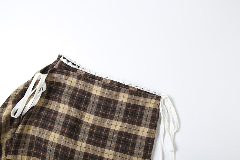 Effortless Fall Style: Chic Plaid Asymmetrical Mini Skirt with Lace Trim & Side Ties